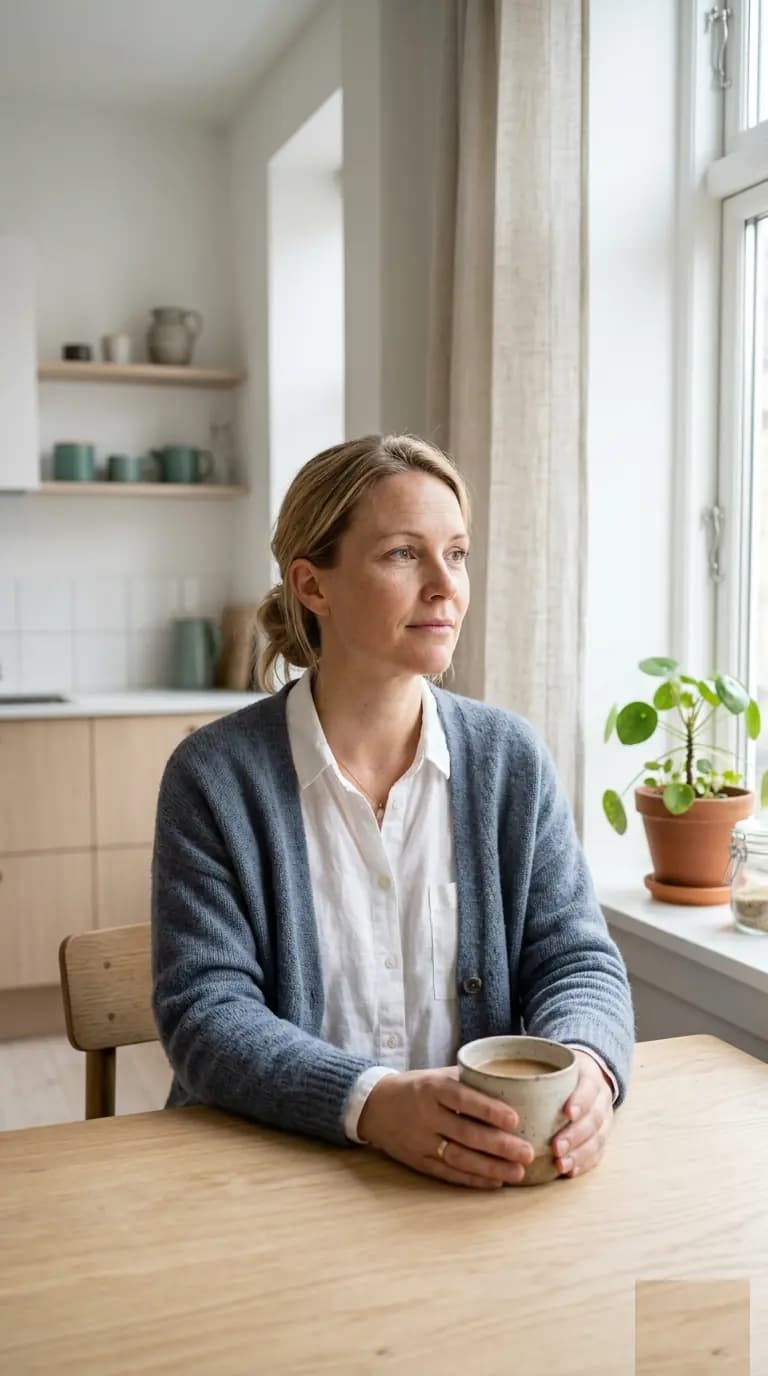 Person hemma vid köksbordet med kaffe, fundersam