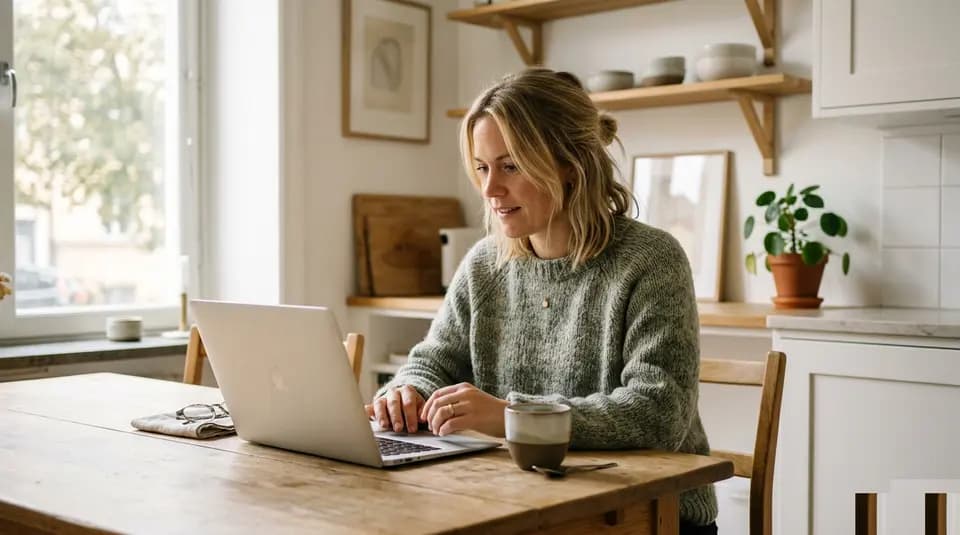 Kvinna vid köksbord med laptop i ljust hem